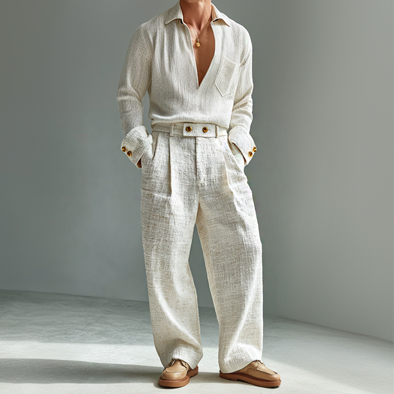Men's Retro Casual Old Money Style Lapel Long-sleeved Shirt And Pants Two-piece Set MTA2432J3TO
