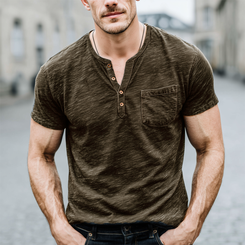Men's Classic Henley Collar Cotton Short Sleeve T-Shirt MTA0835G8U
