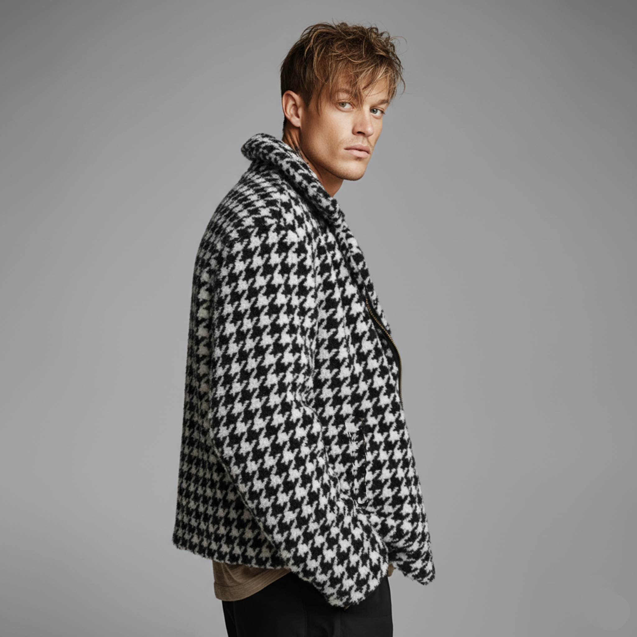 Men's Classic Casual Lapel Zipper Houndstooth Faux Sherpa Jacket MTA2063J0K