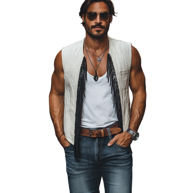 Men's Bohemian Linen Patch Pocket Tassel Panel Loose Vest MTA2181E2M