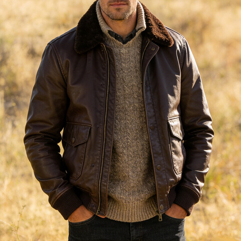 Men's Retro Casual PU Lapel Zipper Jacket MTA1242L9TO