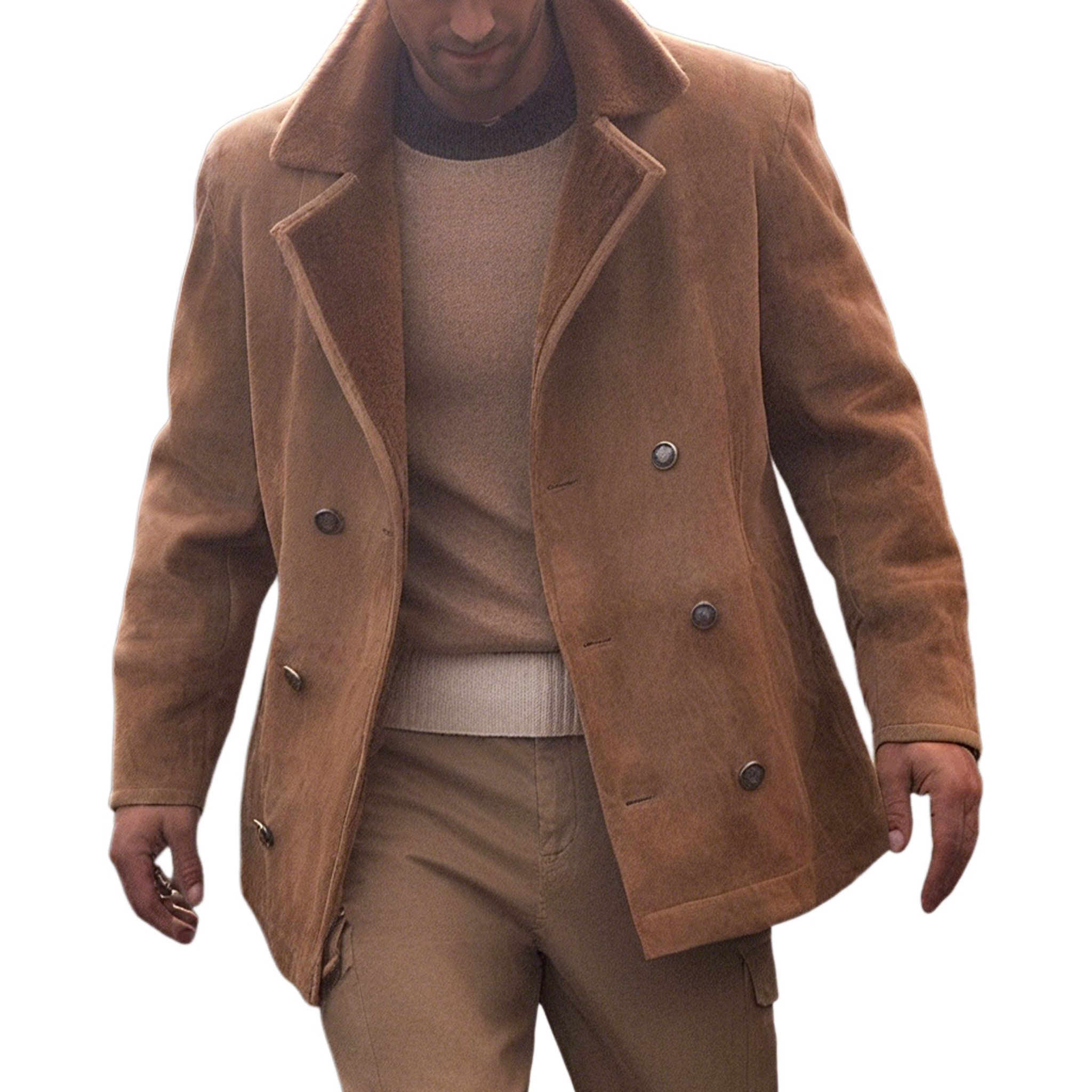 Men's Classic Retro Patchwork Fleece Lined Double-Breasted Lapel Faux Suede Jacket MTA3118J0K