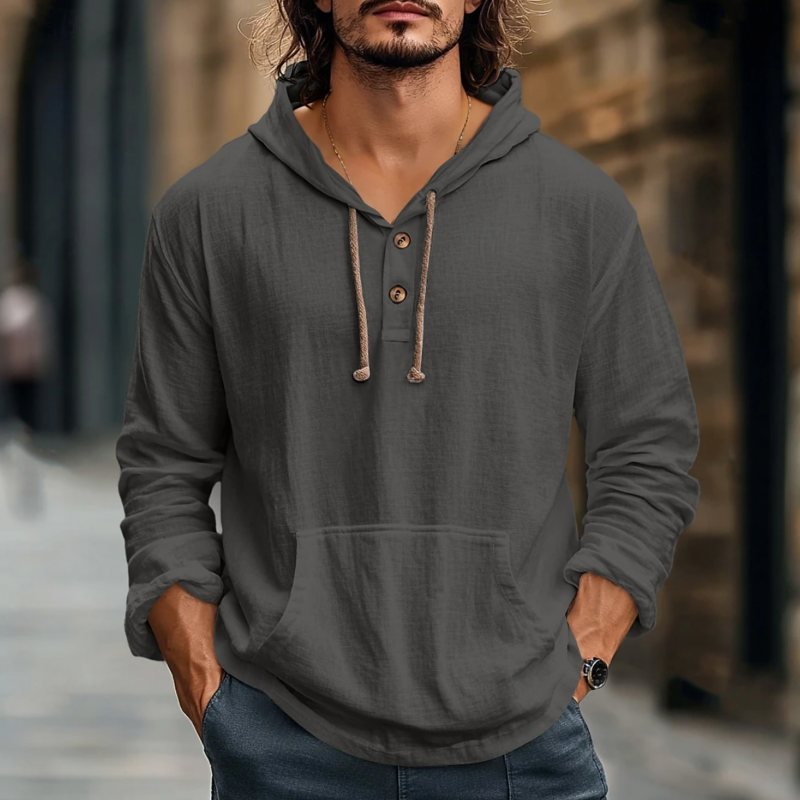 Men's Casual Solid Color Breathable Cotton Kangaroo Pocket Loose Long Sleeve Hoodie MTA2162G1M