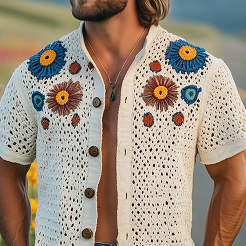 Men's Summer Fashion Casual Hollow Crochet Flower Stand Collar Knitted Short-sleeved Shirt MTA2798F1K