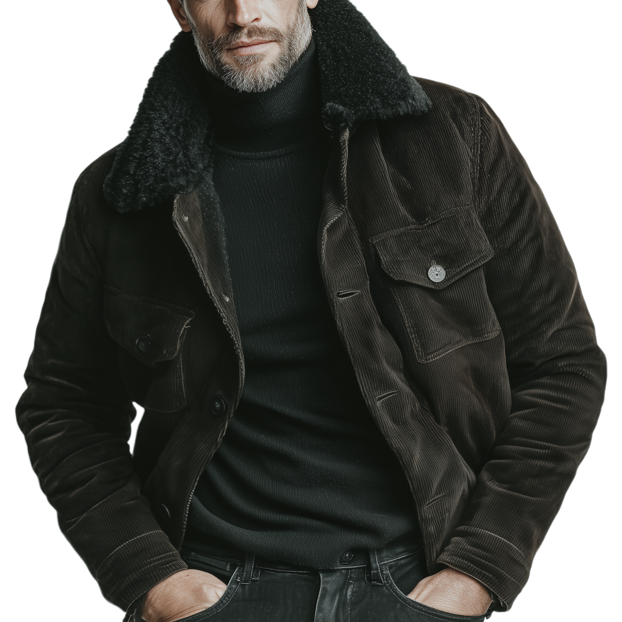 Men's Classic Vintage Lapel Fur Collar And Fur Lining Multi-pocket Corduroy Jacket MTA1009J6K