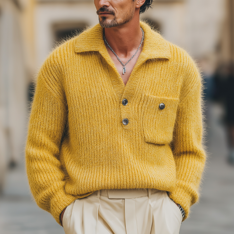 Men's Classic Elegant Mustard Yellow V-Neck Knit Sweater MTA1043L6U