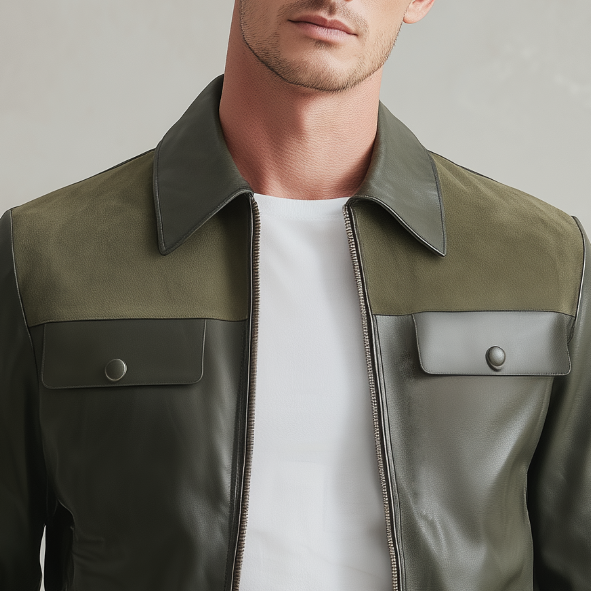Men's Classic Casual Shoulder Suede Lapel PU Leather Zipper Jacket MTA2909H5K