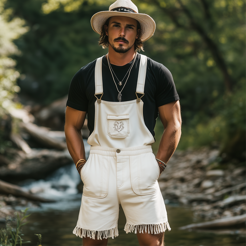 Men's Summer Retro Embroidered Tassel Overalls MTA1199F2U