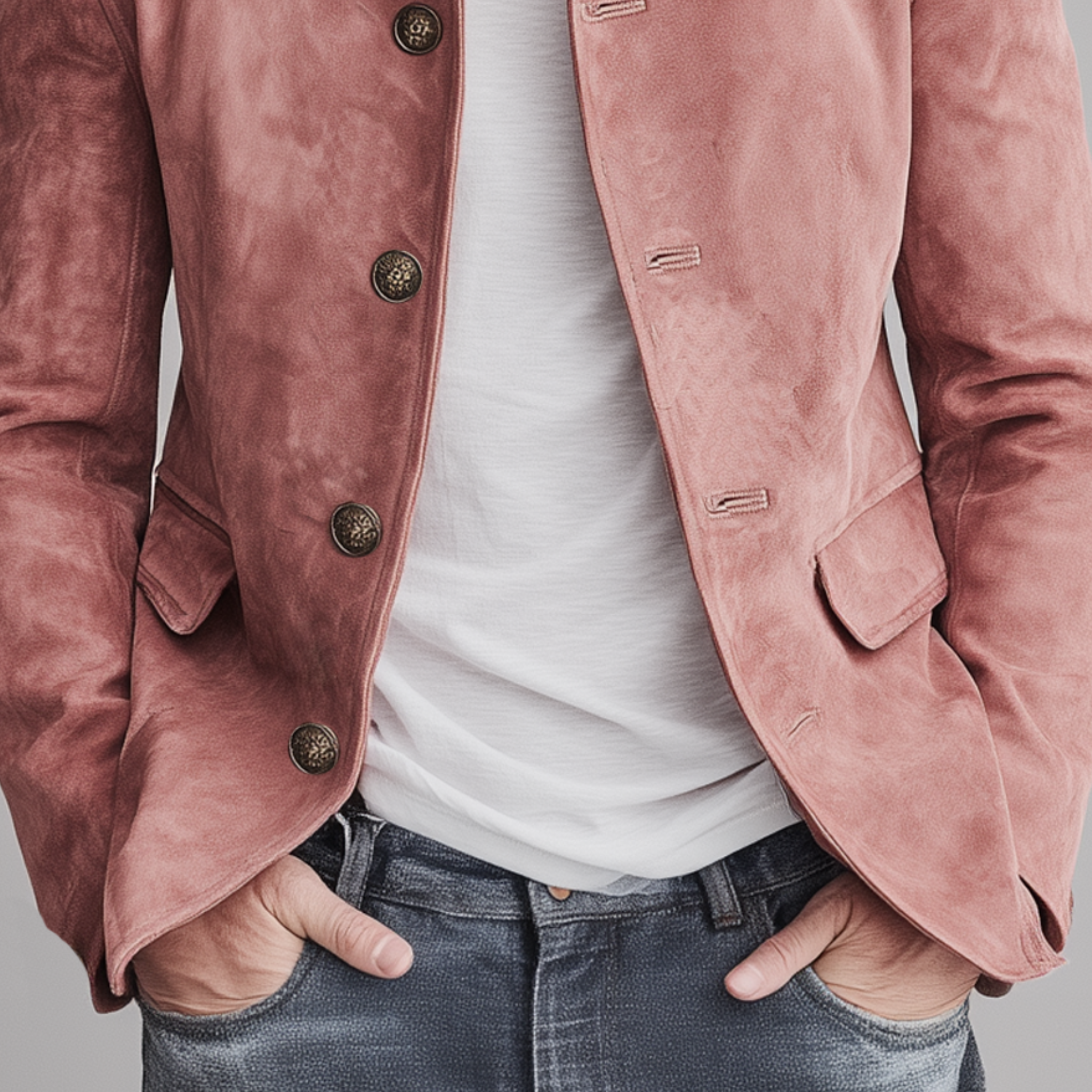 Men's Classic Retro Stand Collar Pink Suede Slim Jacket MTA2272H9K