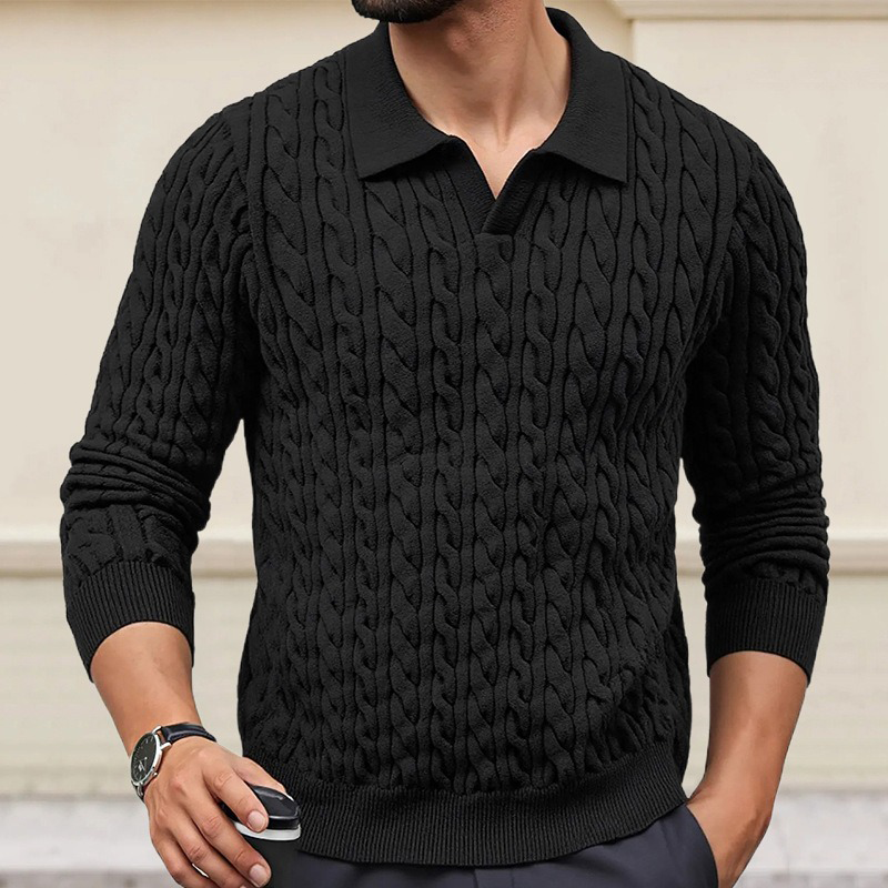 Men's Solid Color Slim-Fit Cable Textured POLO Neck Sweater MTA1373H6X
