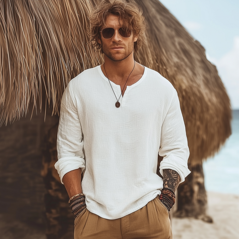 Men's Casual Solid Color Breathable Cotton Bubble Wrinkled V-neck Loose Long-sleeved T-shirt MTA0159G0M