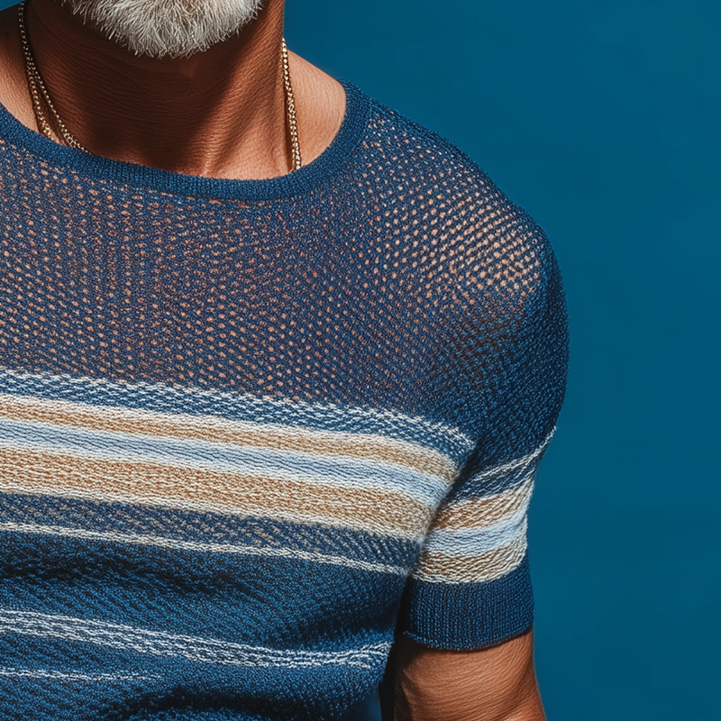 Men's Summer Retro Striped Knitted Hollow Short Sleeve T-Shirt MTA1864G9P