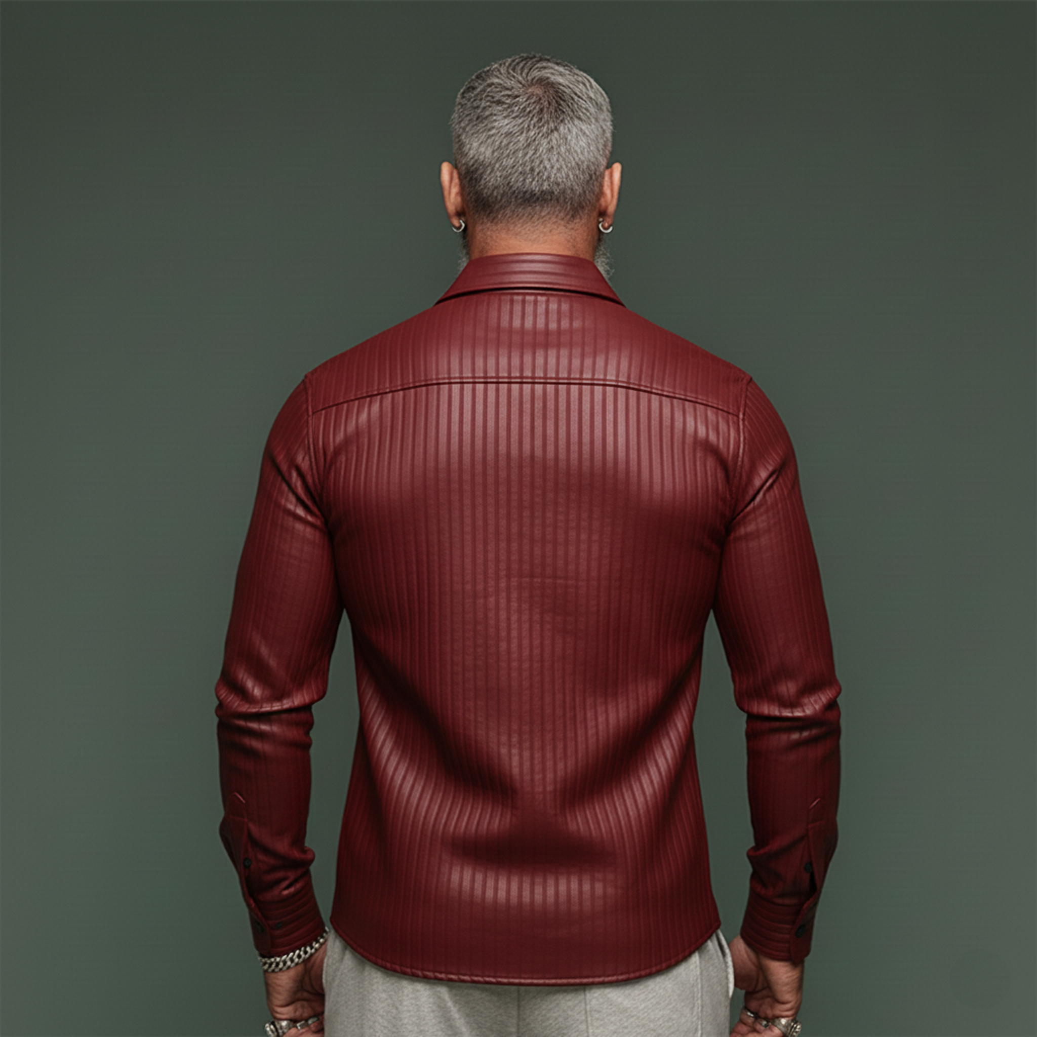 Men's Classic Vintage Textured PU Leather Long-sleeved Shirt MTA2019L7K