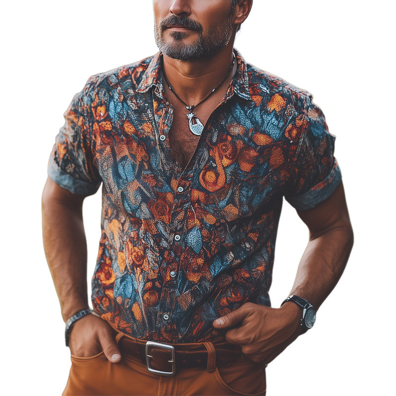 Men's Summer Retro Print Short Sleeve Shirt MTA2935D0U