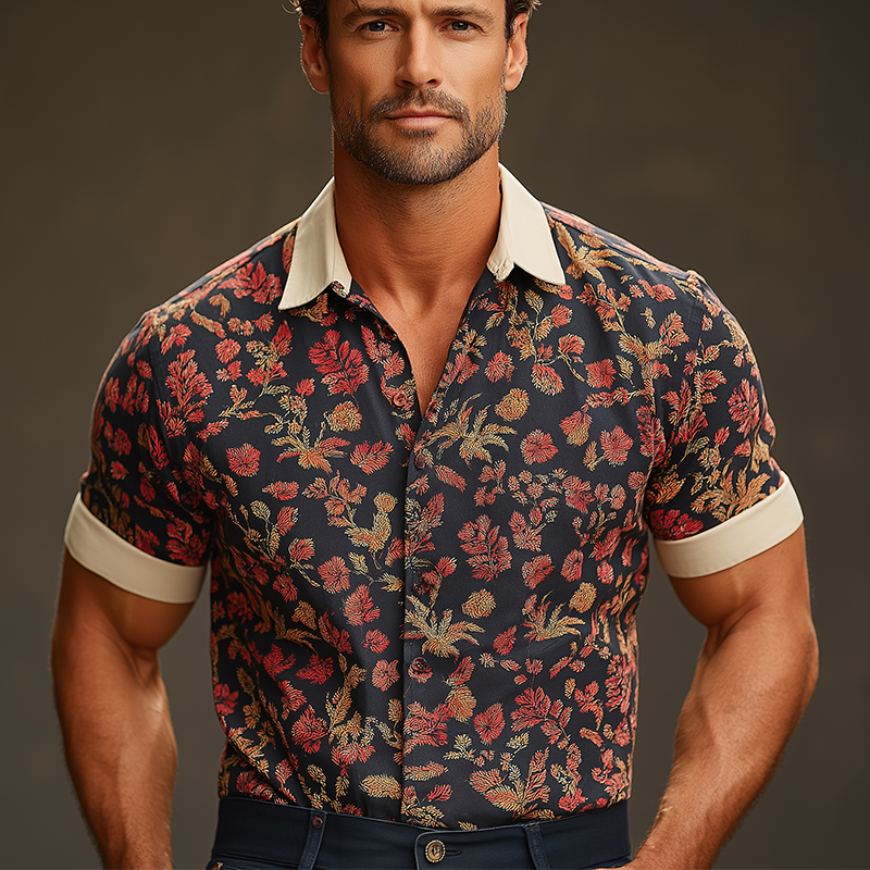 Men's Summer Fashion Printed Cotton Blended Short Sleeve Shirt MTA2514G7P