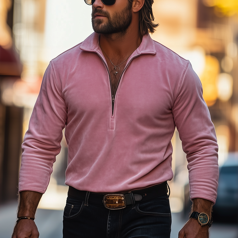 Men's Retro Minimalist Half-Zip Faux Suede T-Shirt MTA1180L7P