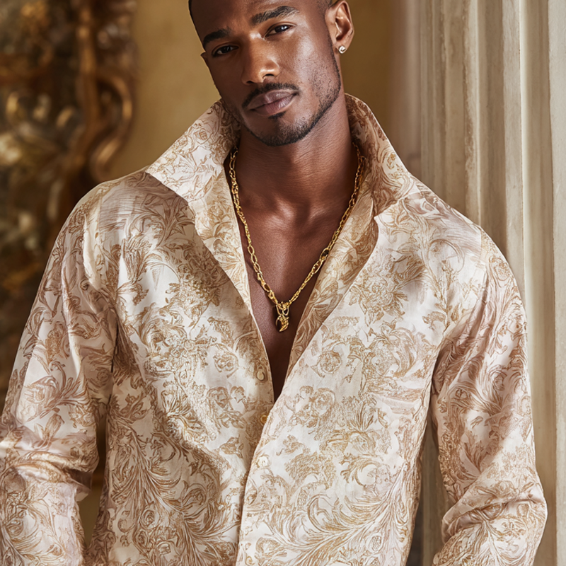 Men's Vintage Print Satin Lapel Long Sleeve Shirt MTA1133H3Z