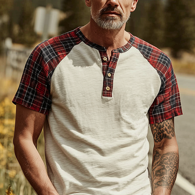 Men's Spring And Summer Fashion Casual Bamboo Cotton Splicing Plaid Henry Collar Short Sleeve T-shirt MTA0829G2K