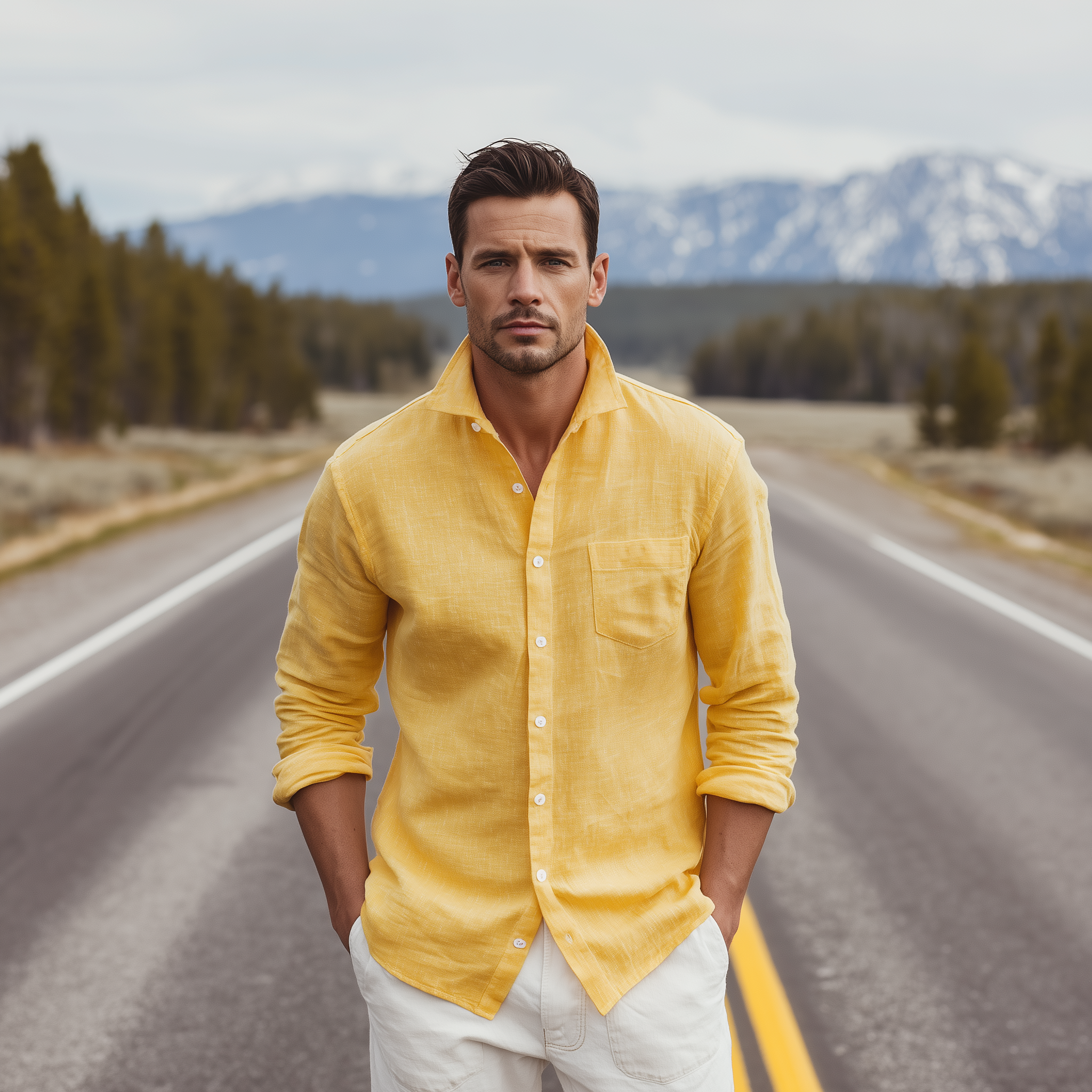 Men's Classic Casual Lapel Cotton And Linen Blend Slim Fit Long Sleeve Shirt MTA0428H7K