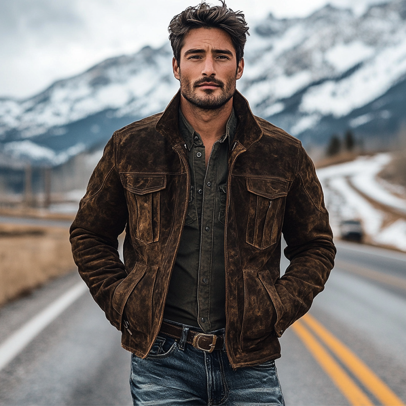 Men's Retro Faux Suede Collar Solid Color Button Jacket MTA0325K3X