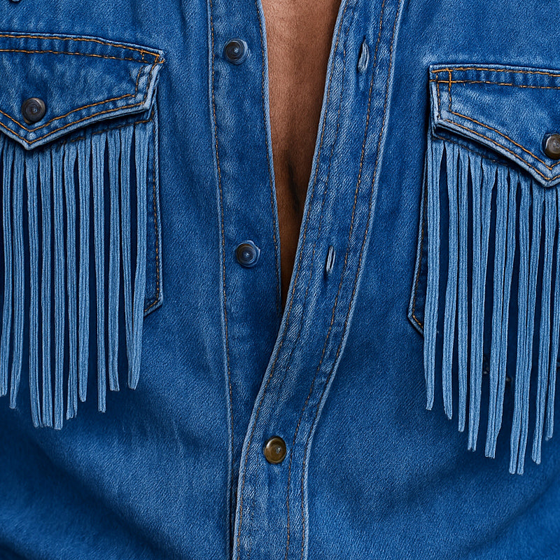【24-hour shipping out】Men's Retro Western Cowboy Tassel Stitching Denim Long Sleeve Shirt 10742814U