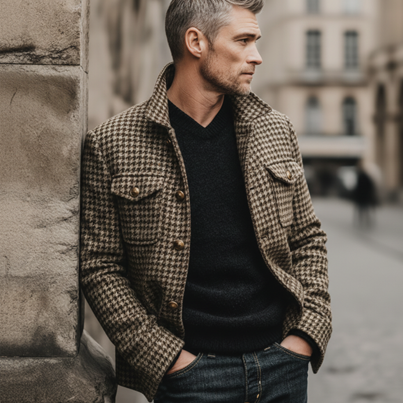 Men's Retro Classic Houndstooth Lapel Faux Wool Jacket MTA3100J0U