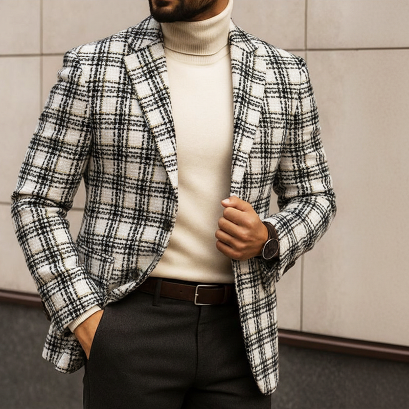 Men's Retro Elegant White Check Gold Thread Tweed Two-Button Single-vent Blazer MTA1238L9U