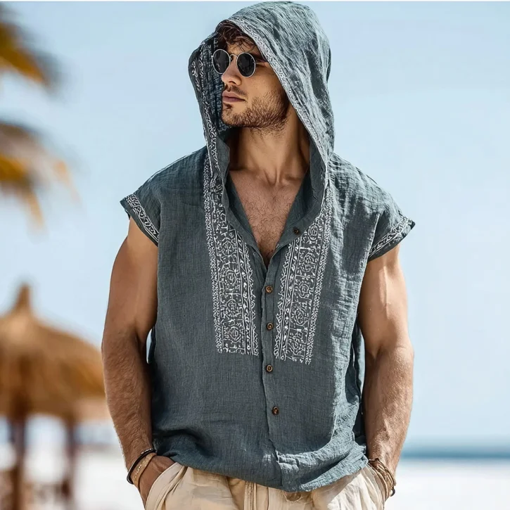 Men's Embroidered Single Breasted Hooded Sleeveless Shirt MTA0466G9Y