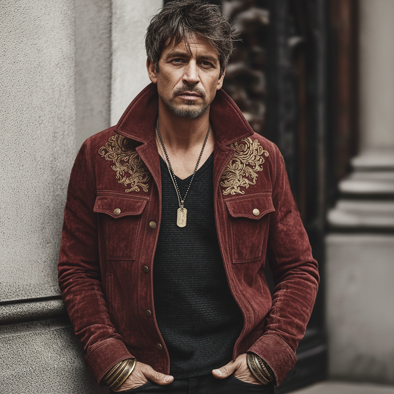 Men's Vintage Luxury Dark Red Suede Embroidered Lapel Jacket MTA0874L3U