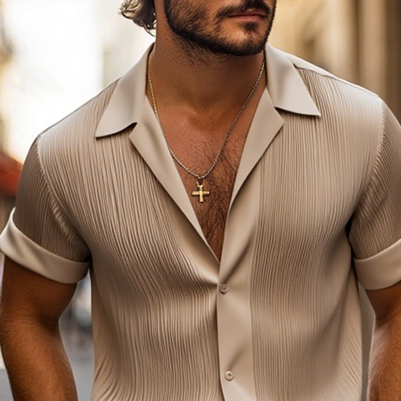 Men's Solid Satin Pleated Lapel Short Sleeve Shirt MTA0317G0Z
