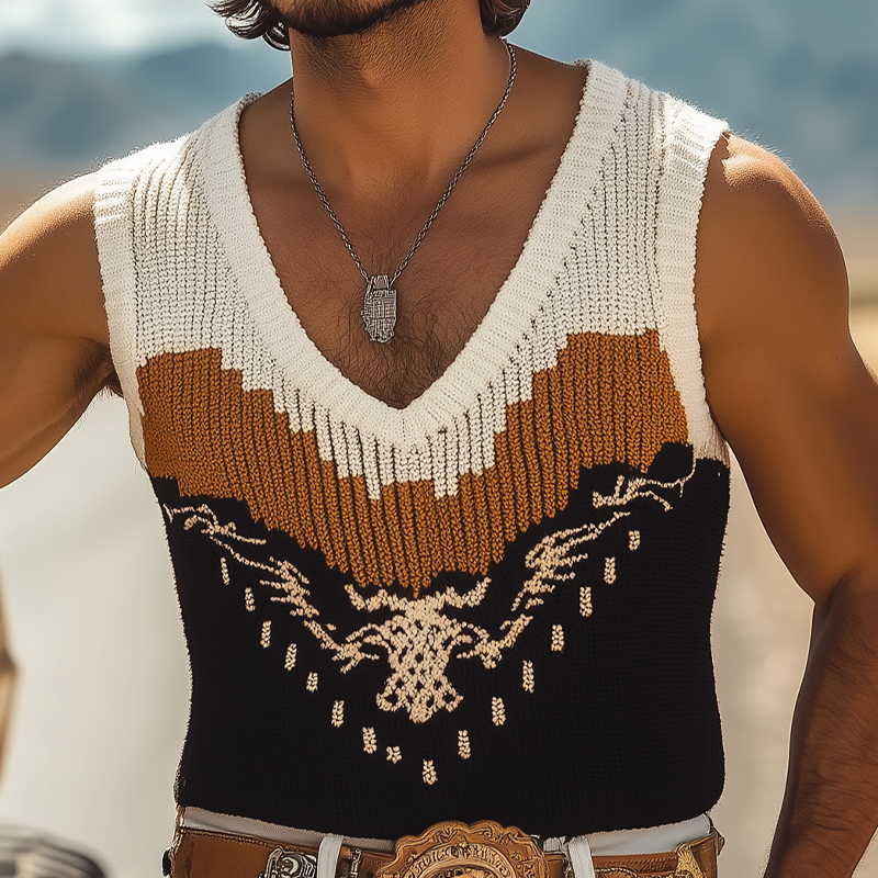 Men's Spring And Summer Fashion Casual Western Cowboy Style V-neck Slim Fit Knitted Contrast Jacquard Tank Top MTA1534E5K