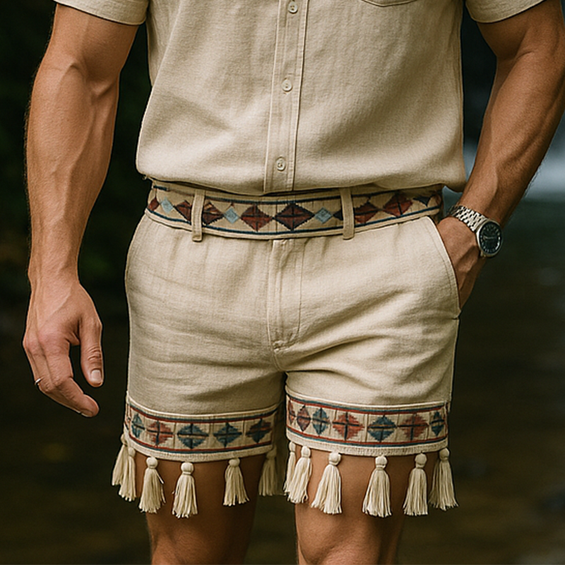 Men's Summer Fashion Printed Tassel Slub Linen Casual Shorts MTA1355F0P