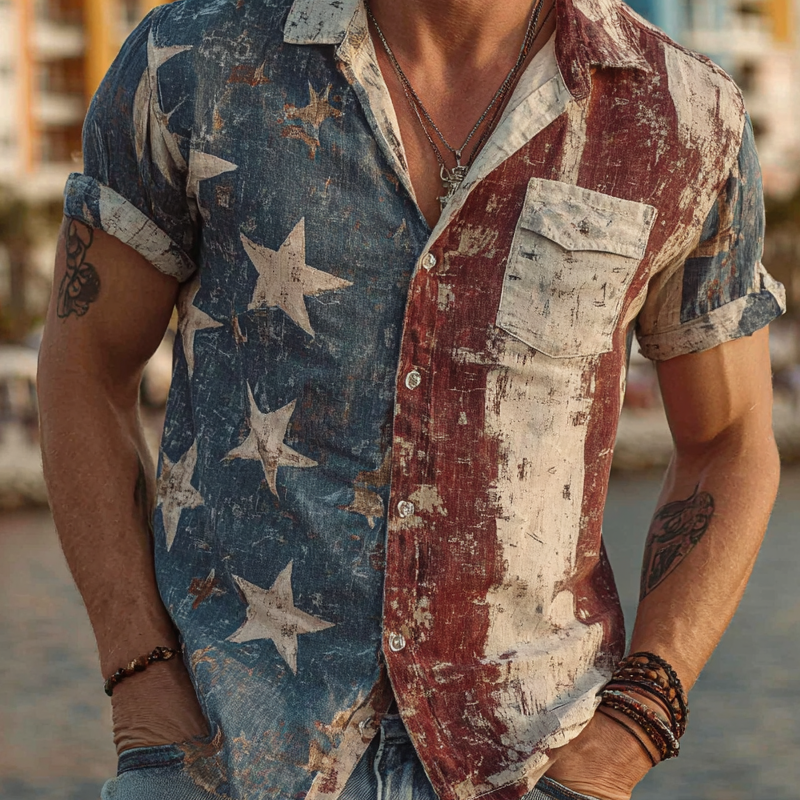 Men's Vintage American Flag Print Short Sleeve Shirt MTA1127G0X