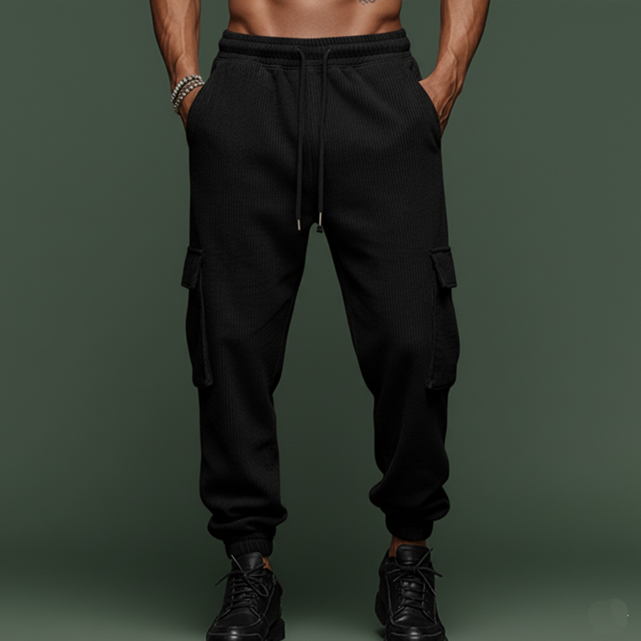 Men's Classic Casual Corduroy Elastic Waist Drawstring Multi-pocket Trousers MTA2835J3K