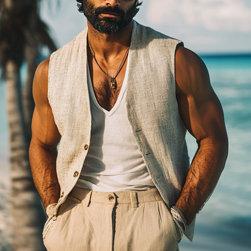 Men's Cotton And Linen Solid Color V-Neck Vest MTA1975G6X