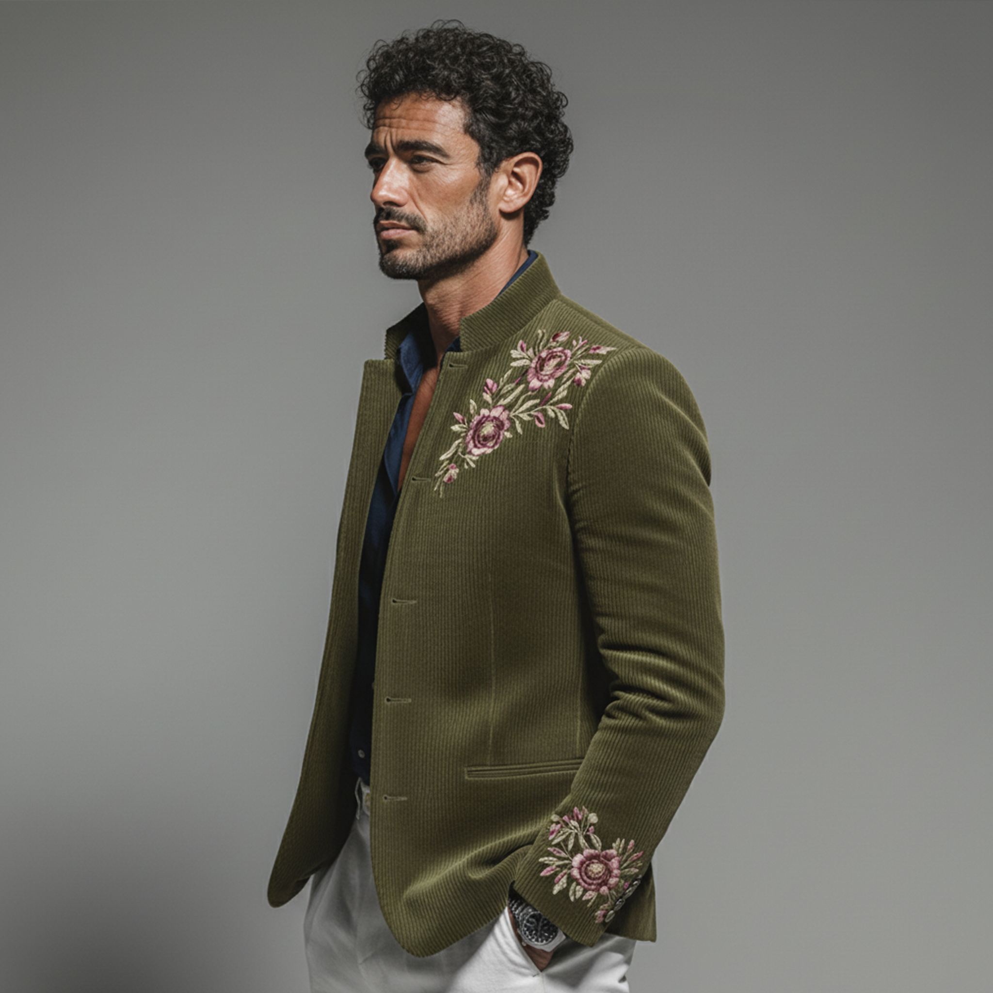 Men's Classic Retro Embroidered Corduroy Stand Collar Jacket MTA2971K4K