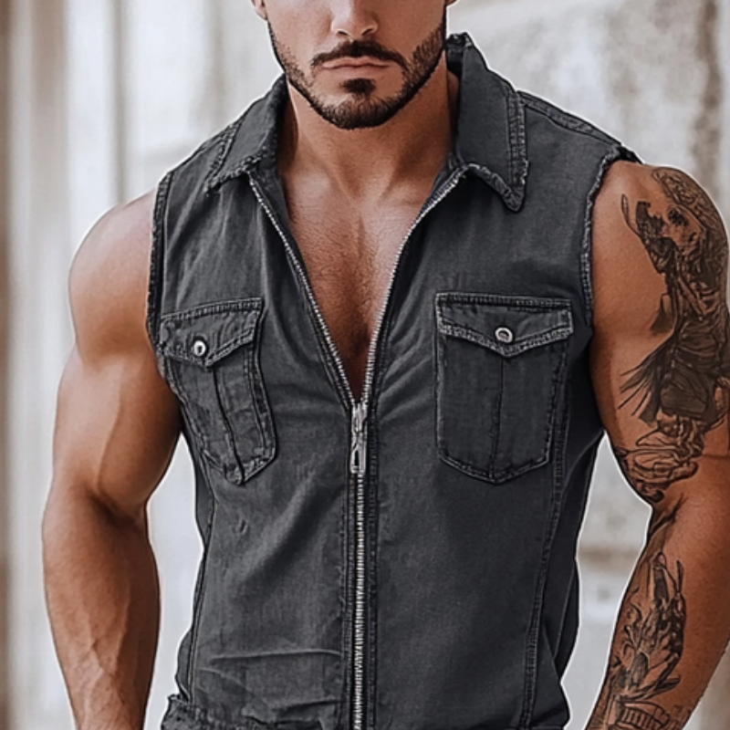 Men's Fashion Lapel Sleeveless Zipper Multi-Pocket Denim Jumpsuit MTA2399F8Y