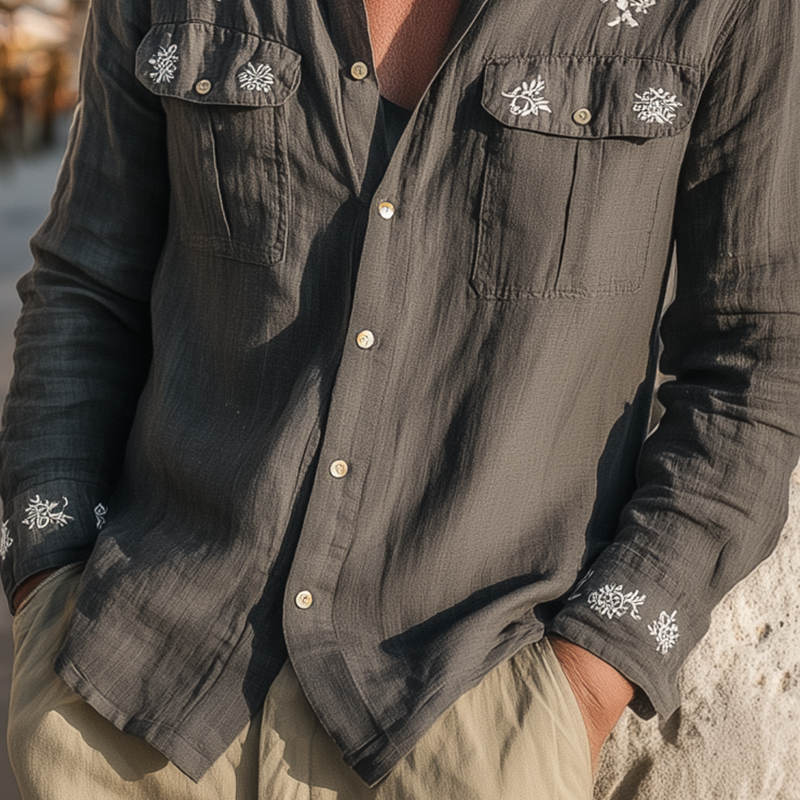 Men's Classic Retro Casual Cotton And Linen Embroidery Multi-pocket Loose Long-sleeved Shirt MTA1523G4K