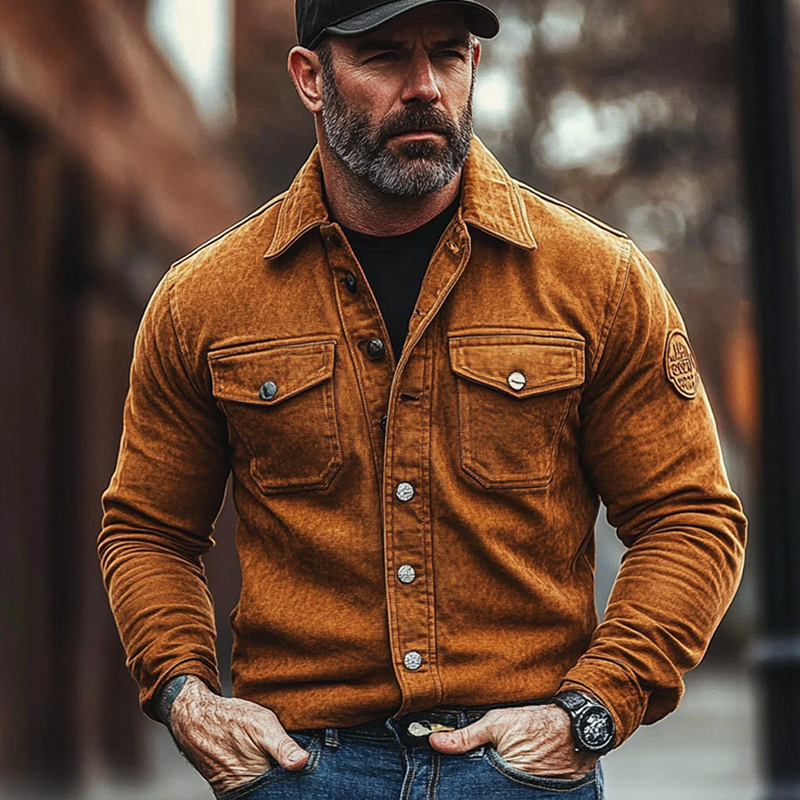 Men's Solid Color Faux Suede Lapel Long Sleeve Shirt MTA2621H4X