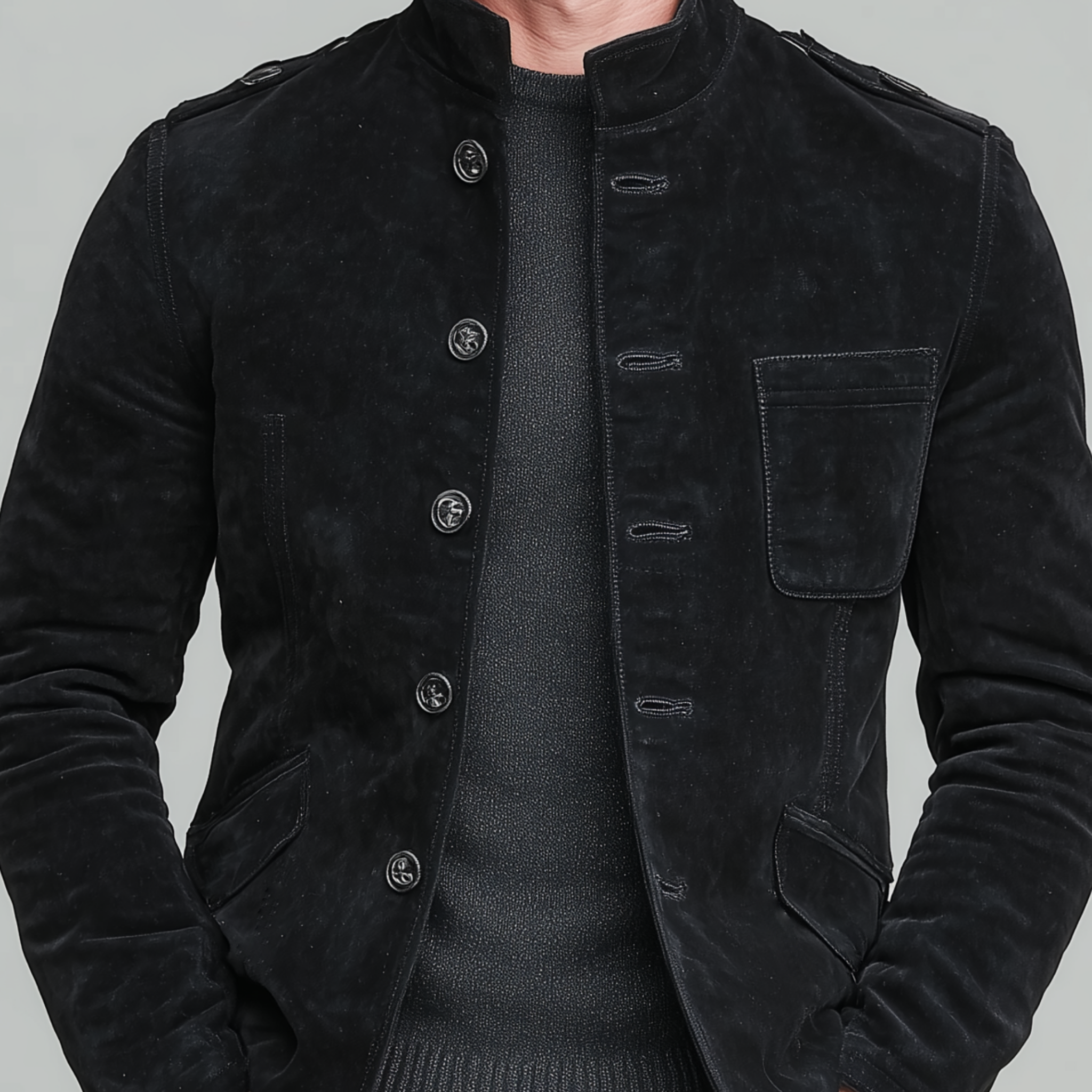 Men's Classic Retro Western Style Stand-up Collar Multi-pocket Faux Suede Jacket MTA1730K5K