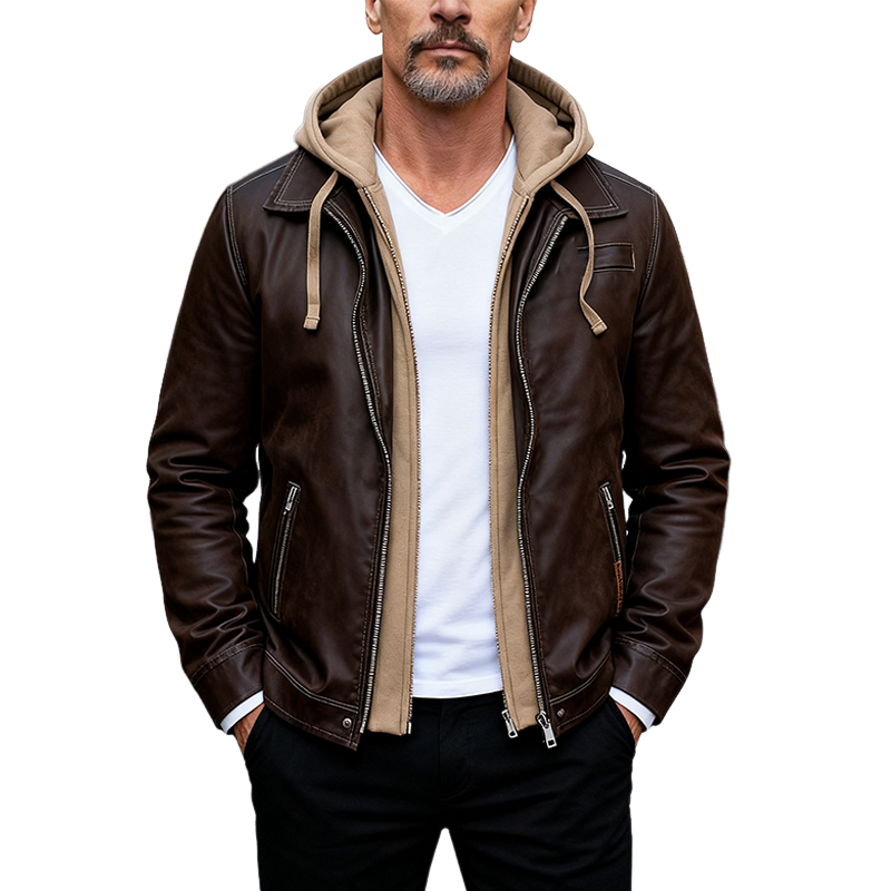 Men's Casual Loose-fitting Faux Two-piece Hooded PU Jacket MTA1173K2X