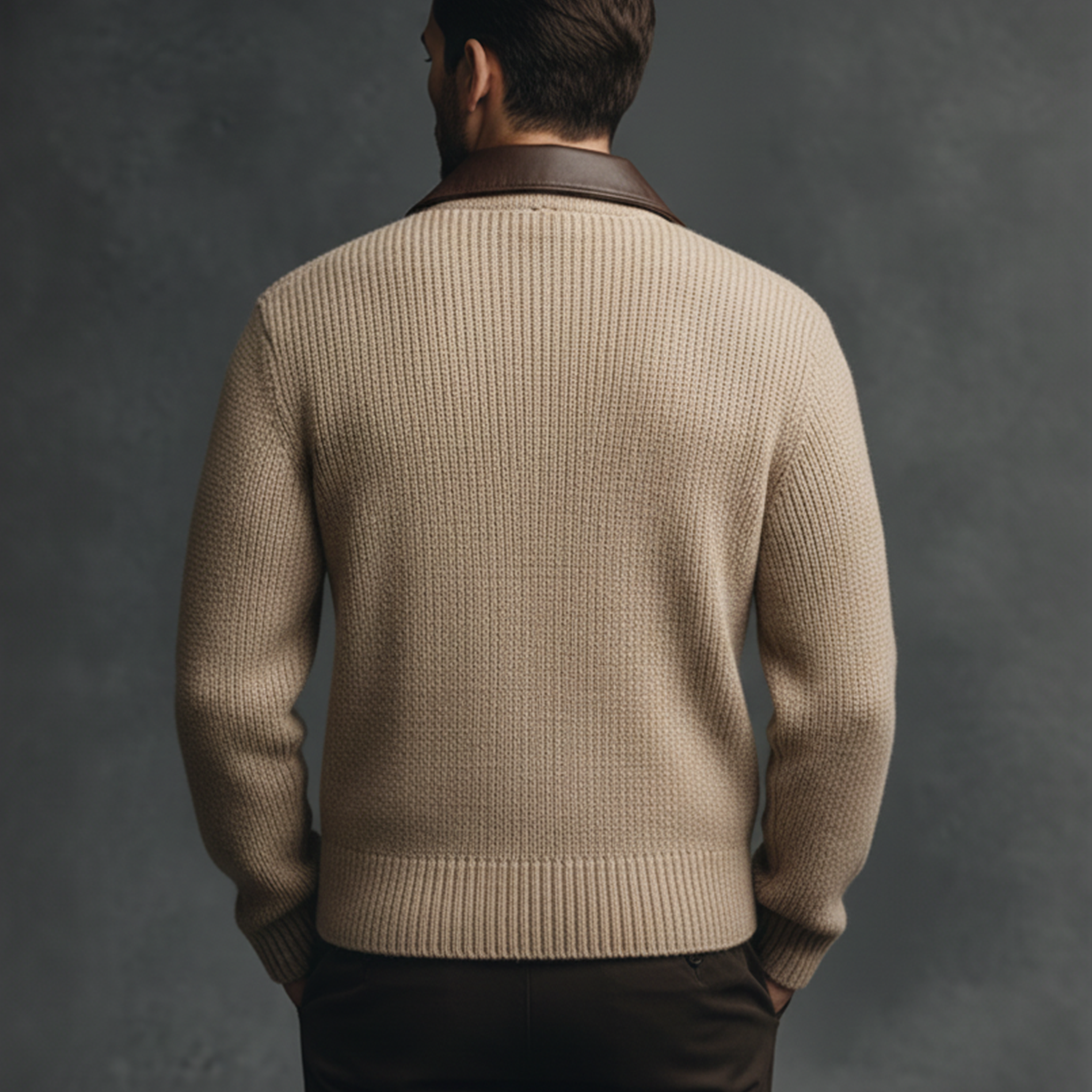 Men's Classic Retro Lapel Stitching PU Leather Knitted Cardigan MTA2397J2K
