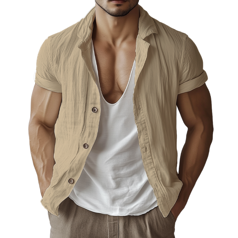 Men's Casual Basic Cotton Solid Color Short-sleeved Shirt MTA3059F7U