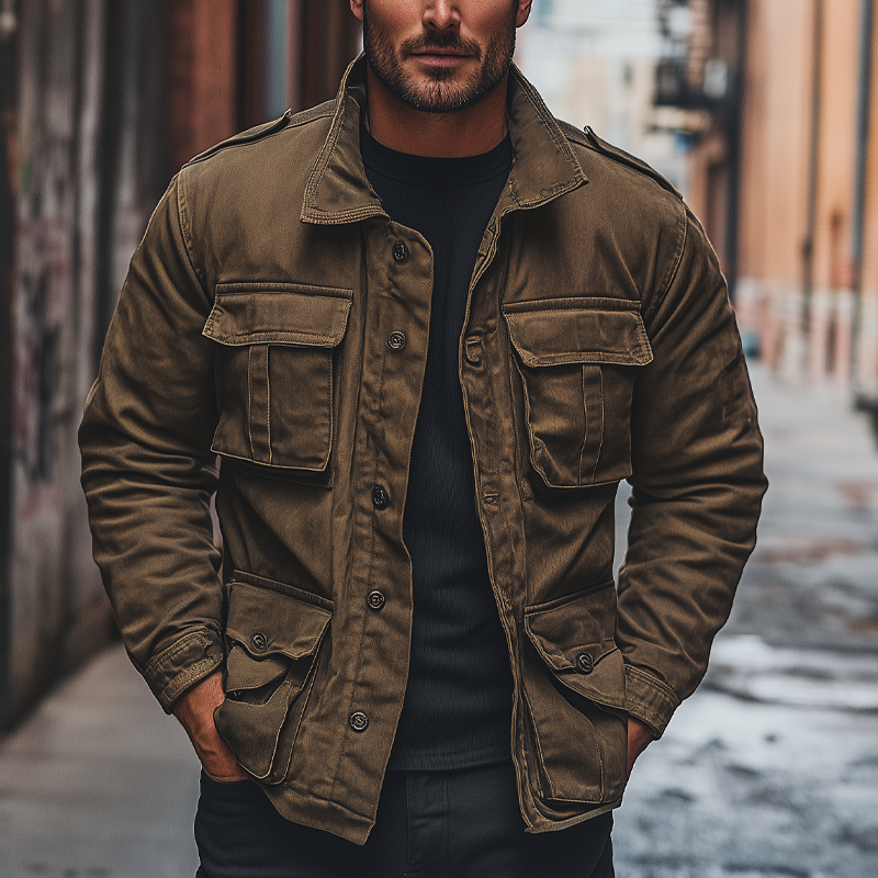 Men's Vintage Washed Canvas Multi-Pocket Loose Jacket MTA1982H2X