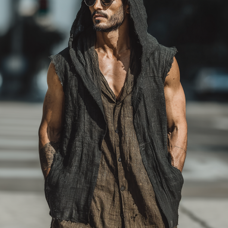Men's Cotton And Linen Solid Color Sleeveless Hooded Tank Top MTA1760G9X