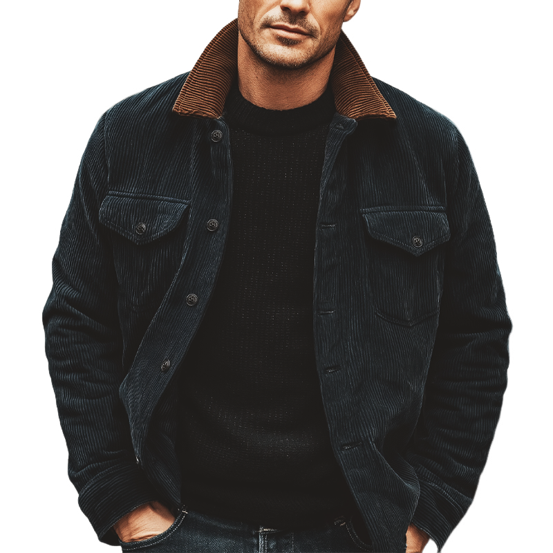 Men's Retro Navy Blue Corduroy Color Block Collar Button Jacket MTA0387K4U