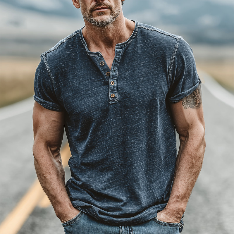 Men's Summer Casual Cotton Blend Washed Distressed Collar Stitching Denim Henry Collar Short-sleeved T-shirt MTA0206G8K