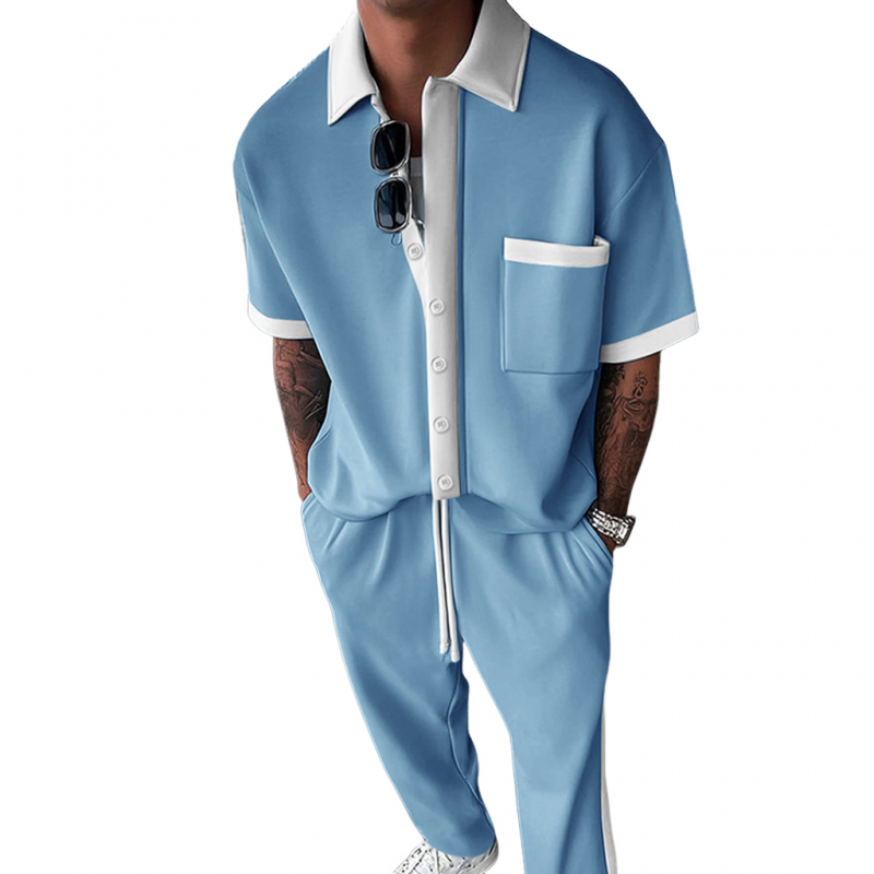 Men's Casual Cotton Blended Colorblock Lapel Patch Pocket Loose Short Sleeve Shirt Elastic Waist Trousers Set MTA2674E2M