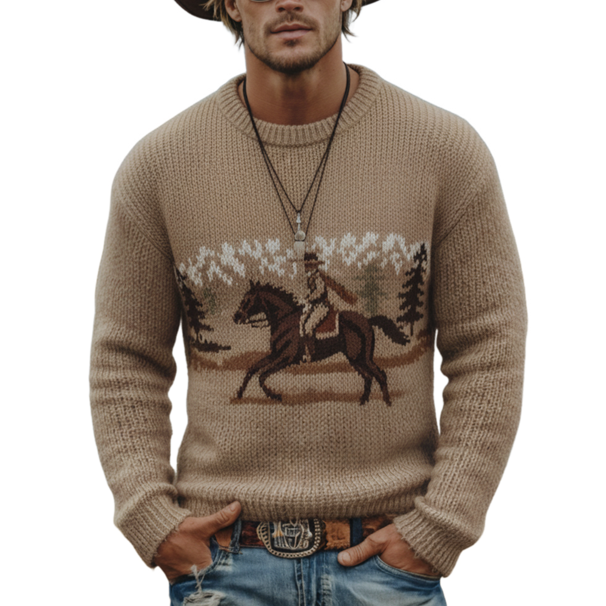 Men's Classic Retro Western Style Jacquard Crew Neck Sweater MTA3029K0K