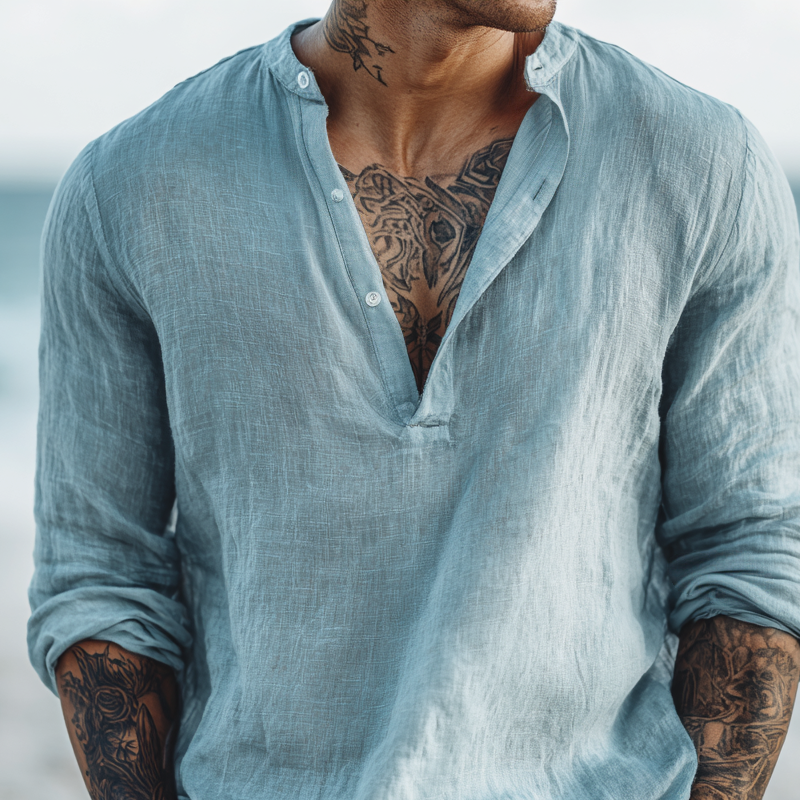 Men's Solid Cotton And Linen Henley Collar Long Sleeve Shirt MTA1225H0Z